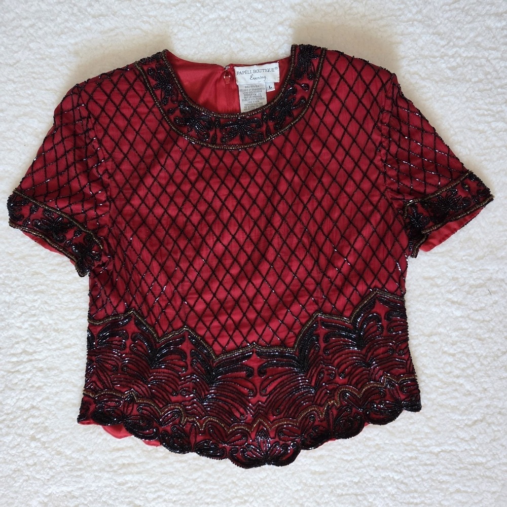 PAPELL BOUTIQUE EVENING BEADED BLOUSE WOMEN'S L 100% SILK VINTAGE RED FLORAL - Picture 2 of 7